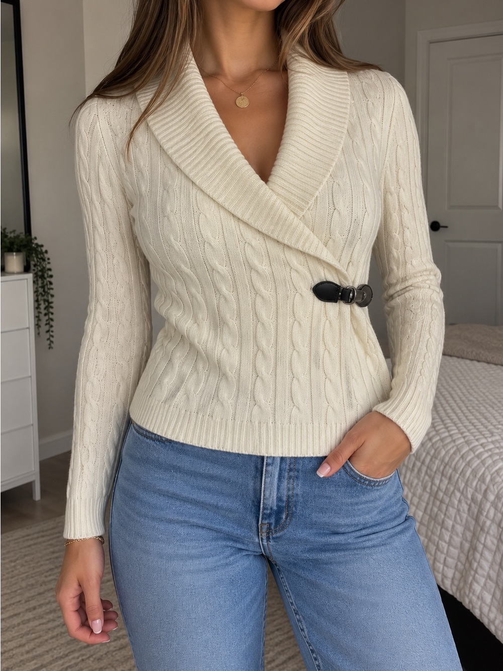 Y2K Calvin Klein Cream Cable-Knit Shawl-Collar Sweater with Buckle